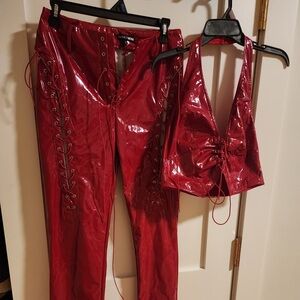 Fashion Nova Red Patent Leather 2pc Cutout Pant Set